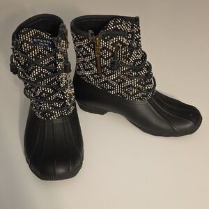 Sperry Black Duck Boots with Cream Patterned Upper